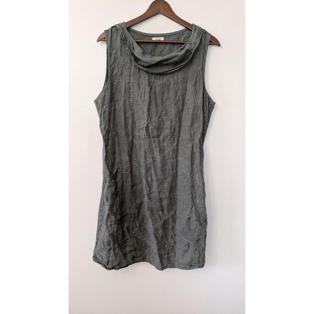 Lina Tomei Embroidered Linen Dress XL Coastal Beachy Lagenlook Cowl Olive Green